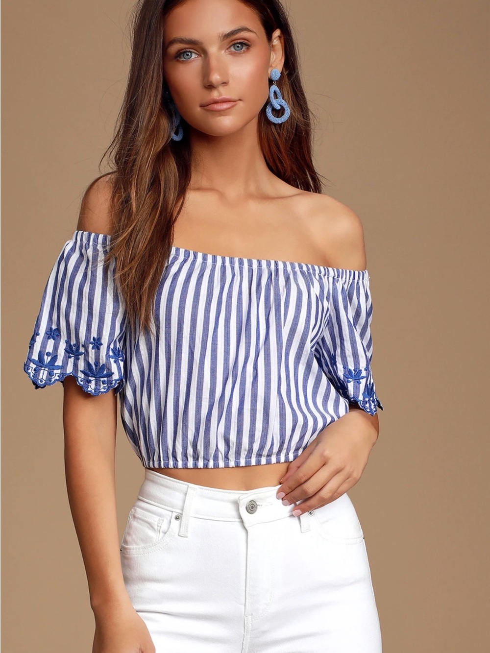 Lulus‎ Braxtyn Blue Striped Off Shoulder Crop Top S